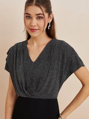 Latin Quarters Women's Black V-Neck Cap Sleeves Solid Party Bodycon Dress_M