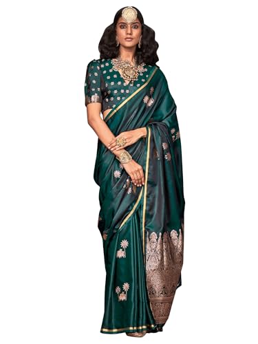AKHILAM Women's Green Satin Silk Ethnic Motif Printed Saree With Unstitched Blouse (KNTHKLP397005_RJ)