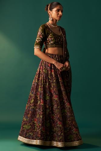 Wishful Women's Green Embroidered Velvet Blouse with Floral Printed Skirt and Dupatta Set (SP12875-223812-XL)
