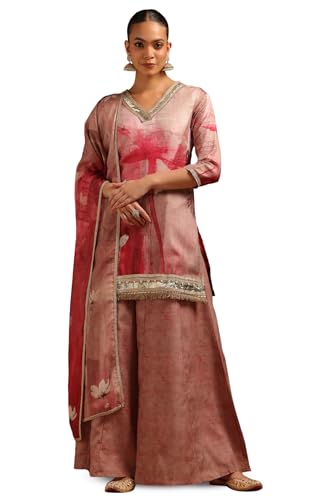 Soch Womens Pink Linen Floral Suit Set With Zari Embroidery and Gotta Patti Details