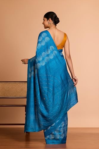 Taneira Women Blue Bengal Pure Tussar Silk Mukaish Saree with Unstitched Blouse Piece (SAIH01AC1472-Blue)