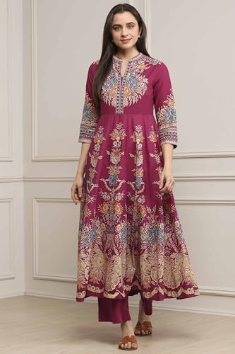 Biba Women Magenta Cotton Kalidar Printed Kurta Pants Set_36