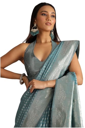 Soch Womens Turquoise Blue Tussar Woven Design Saree