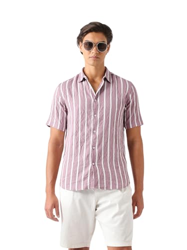 THE BEAR HOUSE Men Regular Fit Short Sleeve Striped Shirt Pink