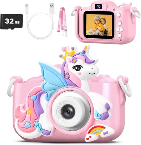 CAMKORY Kids Camera Digital Camera for Age 3-8,1080P HD Video Selfie Toddler Camera with Soft Cover, Christmas Birthday Gifts for Kids - 32GB SD Card - Pink, Light Pink