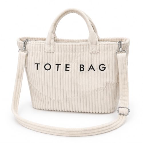 Kawn® Korean Tote Bag Aesthetic Corduroy Canvas Handbag for Women Zipper Casual Large Capacity Shoulder Bag with Pockets Versatile Everyday use for College Work Travel & Shopping (P - Beige)