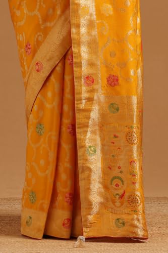 Soch Womens Yellow Crepe Botanical Zari Woven Saree