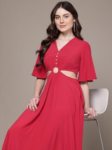 Label RITU KUMAR V Neck Solid Long Dress Red