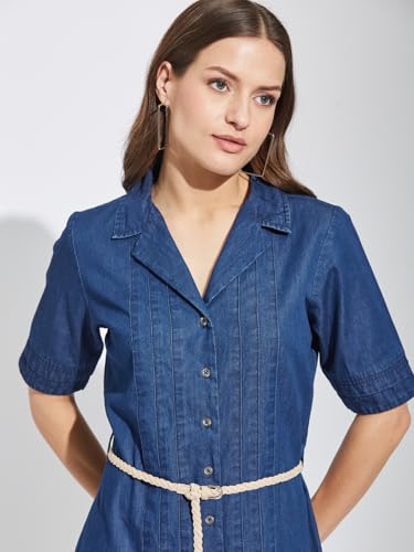 Latin Quarters Women's Blue Half Sleeves Collar Neck Casual Solid Dress_XXL