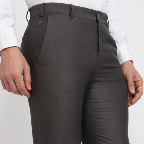 Raymond Men Slim Fit Structure Pattern Polyester Blend Flat Front Formal Trouser Dark Brown