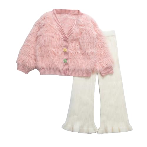 Hopscotch Girls Full Sleeves Pink 2-Pc Faux Fur Cardigan Pants Set For Ages (3-4 Years)