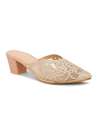 XE Looks Women's Gold Embellished Mesh Mules | Pointed Toe Block Heels with Rhinestone Detailing | Embellishments with Transparent Heel For Girls & Women