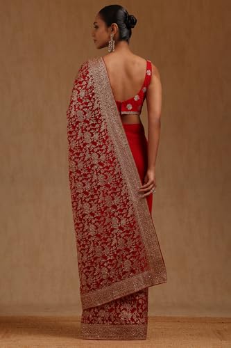 Soch Womens Red Georgette Embroidered Saree With Stone Work