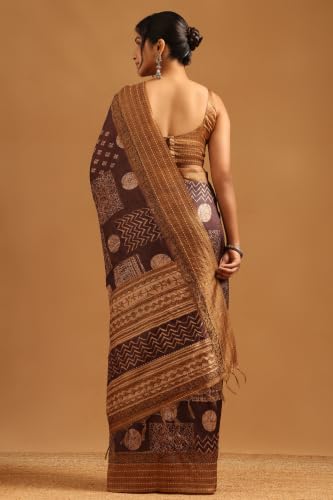 Soch Womens Brown Tussar Ethnic Motifs Kantha Embroidered Saree