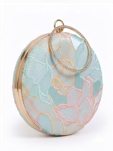 THE TAN CLAN Women Blue Floral Embroidered Clutch Purse Stylish Bridal Handbag Round Designer Clutch Bag For Women Wedding Party Ethnic Fancy Purse With Chain And Metal Handle