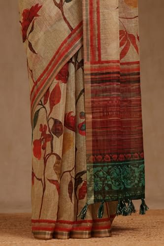 Soch Womens Beige Linen Blend Botanical Print Saree With Zari Woven