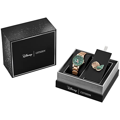 Citizen Eco-Drive Ladies' Special Edition Disney Princess Ariel "Making Waves my Way" Faceted Crystal Watch and Pin Gift Set, Gold Stainless Steel Watch, Green Dial, 30mm (Model: GA1073-63W), Rose