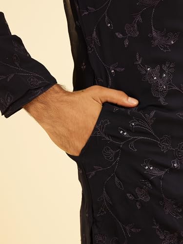 Manyavar Men's Georgette Floral Threadwork & Sequinned Kurta Churidar Set (Dark Blue,S)