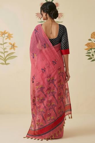 Label Aarna Women's Blush Pink Cotton Saree with Unstitched Blouse Piece | Woven | Motifs Across Pallu | Indian Ethnic Wear