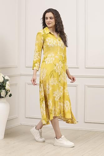 BIBA Women Olive Rayon Printed Straight Dress_42