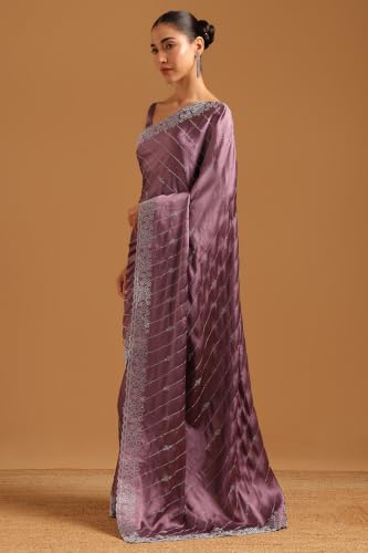 Soch Womens Lavender Satin Swarovski Stone Embellished Embroidered Border Saree