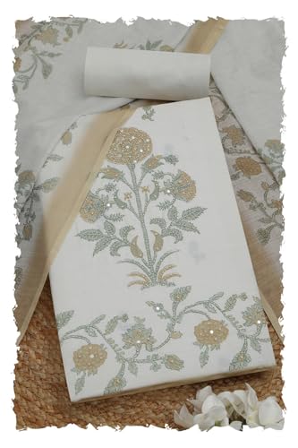 Soch Womens Off White Linen Blend Floral Print Unstitched Dress Material With Cutdana