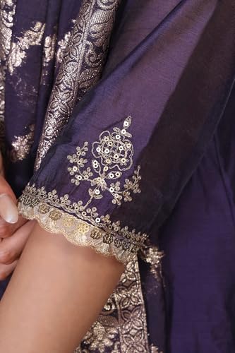 W for Woman Purple Zari Embroidered A Line Kurta with Flared Pant and Dupatta Set (WS13285-224374-XS)
