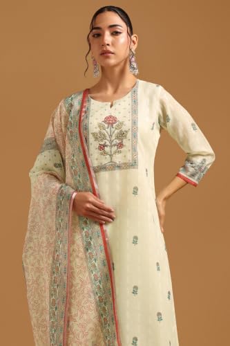Soch Womens Cream Linen Botanical Salwar Suit With Beads And Stones