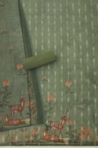 Soch Womens Green Linen Botanical Print Unstitch Dress Material With Sequins