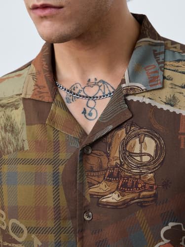The Souled Store Summer Shirt: Cowboy Men and Boys Short Sleeves Collared Neck Button Front Brown All Over Printed Regular Fit Rayon Holiday Shirts
