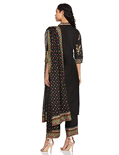 BIBA Women Cotton Printed Straight Salwar Kurta Dupatta(Skdbandhej 7509_Black_36)