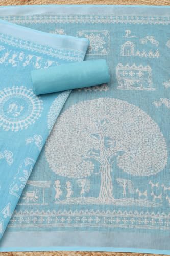Soch Womens Powder Blue Linen Warli Dress Material