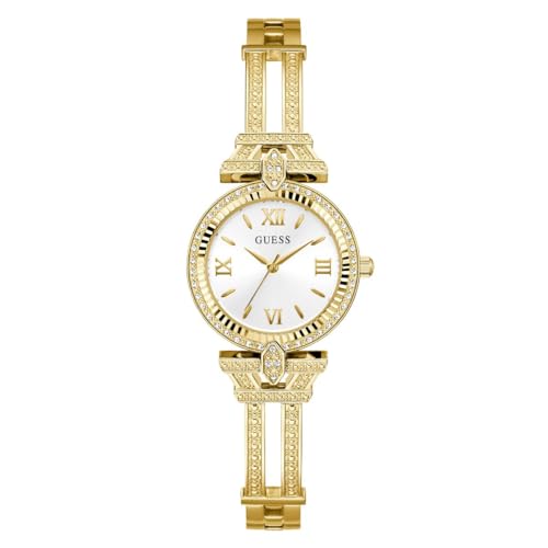 Guess Gb Delphine Analog Watch for Woman with White Round Dial & Gold Tone Recycled Steel Bracelet Band Water Resistant Women's Wrist Watches - GW0864L2