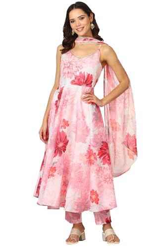 W for Woman White Digital Floral Printed Sleeveless Flared Kurta, Pants and Dupatta Set (Size: L)-24AUWS12583-123704