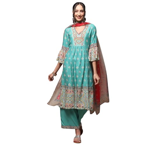 BIBA Women's Rayon Salwar Suite Set (Turquoise)