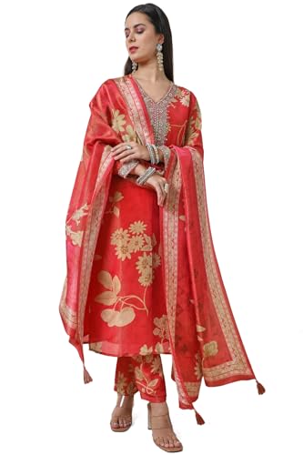 Soch Womens Orange Tissue Floral Print Suit Set with Dupatta