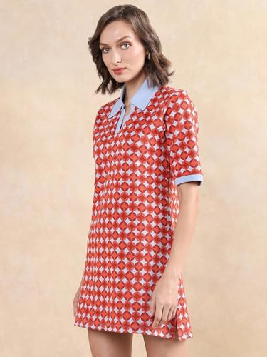 Rareism Women's Cotton Ribbed Collar Geometric Print Midi Relaxed Fit Dress