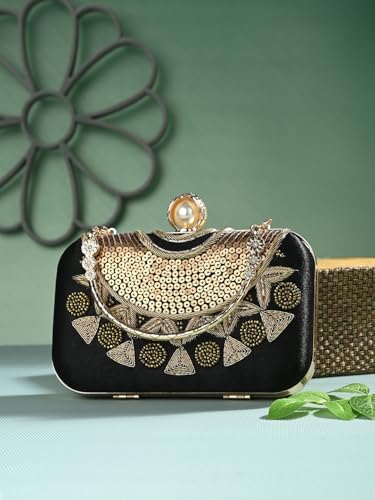 TOOBA Black Synthetic Clutch Bag for Women – Embroidered Sequin Detailing with Pearl Clasp, Perfect for Festival, Receptions & Parties