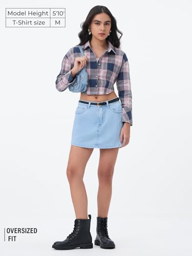 The Souled Store Cropped Shirt: Peony Women and Girls Full Sleeves Spread Collar Blue and Pink Plaid Cotton Oversized Fit Lightweight Comfortable All-Season for Casual Winter Wear Cropped Shirt