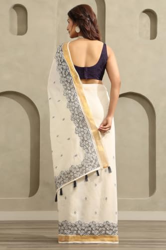 Soch Womens Navy Blue Cotton Kasavu Embroidered Saree With Cutwork