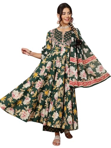 Kimayra Women's Cotton Calf Length Printed Flared Round Neck Kurta Bottom Dupatta Set (KIM6024PC3GREEN_XXL, Green)