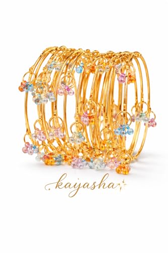 KAYASHA Women's Golden Stylish Alloy Metal Chudi Bangle Set with Ghungroo Work for Women & Girls | Traditional Bracelet Jewelry | Kangan for Wedding, Festival, Party - Set of 8