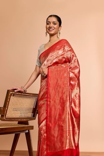 Taneira Women Red Pure Silk Cutwork Banaras Saree with Unstitched Blouse Piece (SAPH04AC5869-Red)