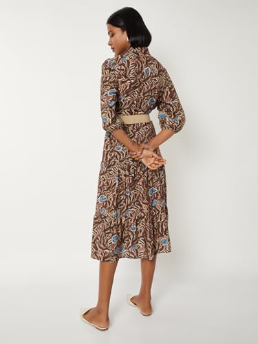 Max Women Printed Tiered Dress with Belt(Brown_XS)