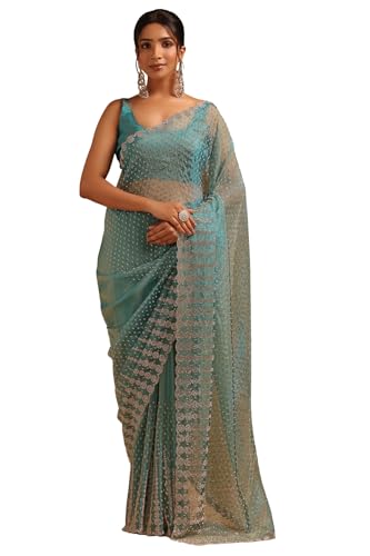 Soch Womens Turquoise Blue Organza Embellished Saree With Stone Work