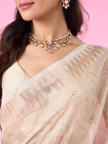 MOHEY Women's Art Silk Stone Work, Woven & Cutdana Work Saree with Blouse Piece (Cream)