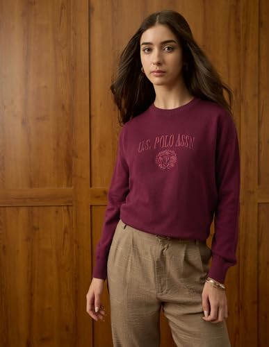 U.S. POLO ASSN. Women Relaxed Fit Drop Shoulder Sweatshirt (UWAW25SWE208_Maroon_M)