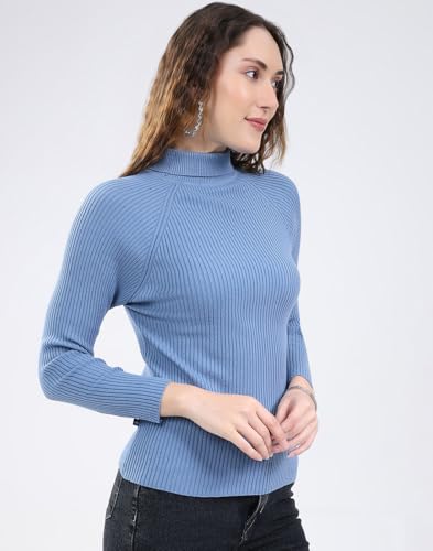 Monte Carlo Women's Regular Fit Solid T Neck Full Sleeve Sceavy| Warm Woolen Sweater for Ladies | Stylish Body Fit Knitwear | Soft Comfortable Winter Wear Top Blue 3XL
