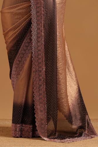 Soch Womens Brown Fendy Organza Ombre Stone Embellished Saree