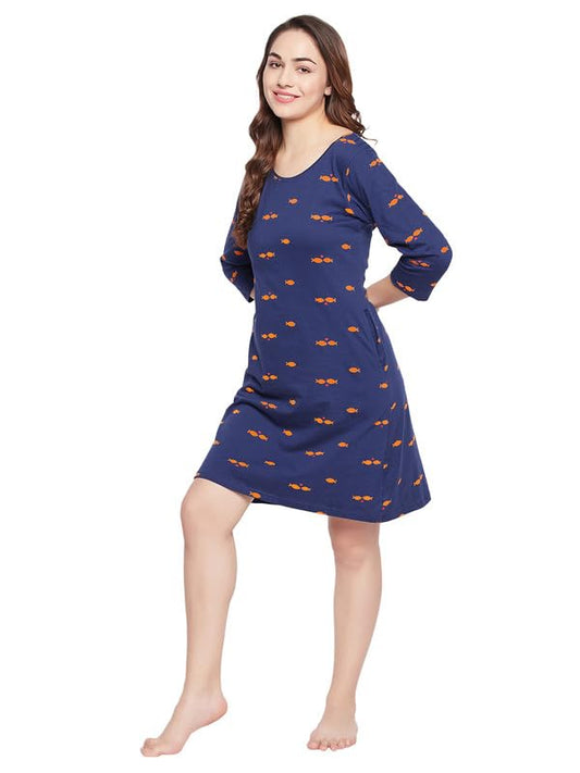 Clovia Women's Cotton Printed Short Night Dress with Pocket (NS6489D08_Navy Blue_M)